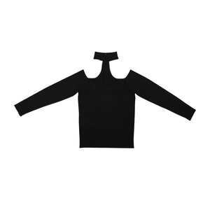 Long Sleeve Choker Neck Sweater with Zipper - Black